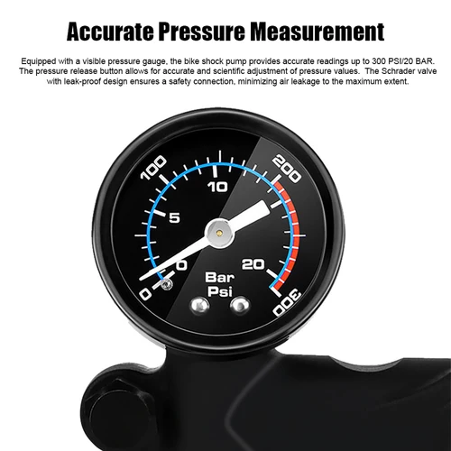 Imagen 2 del producto Bomba de choque para bicicleta con manómetro 0-300PSI/20BAR, bomba de aire de alta presión, válvula Schrader para suspensión delantera y trasera