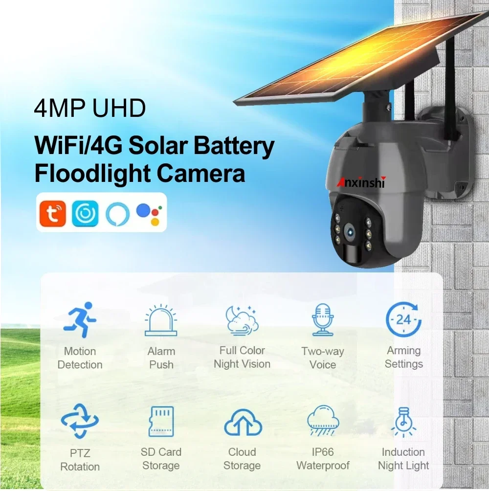 Anxinshi Solar Ptz Camera Outdoor IP66 4MP Cctv Solar Security Camera Solar Powered Wifi +4G DC 12V Cloud Storage H.265 CMOS