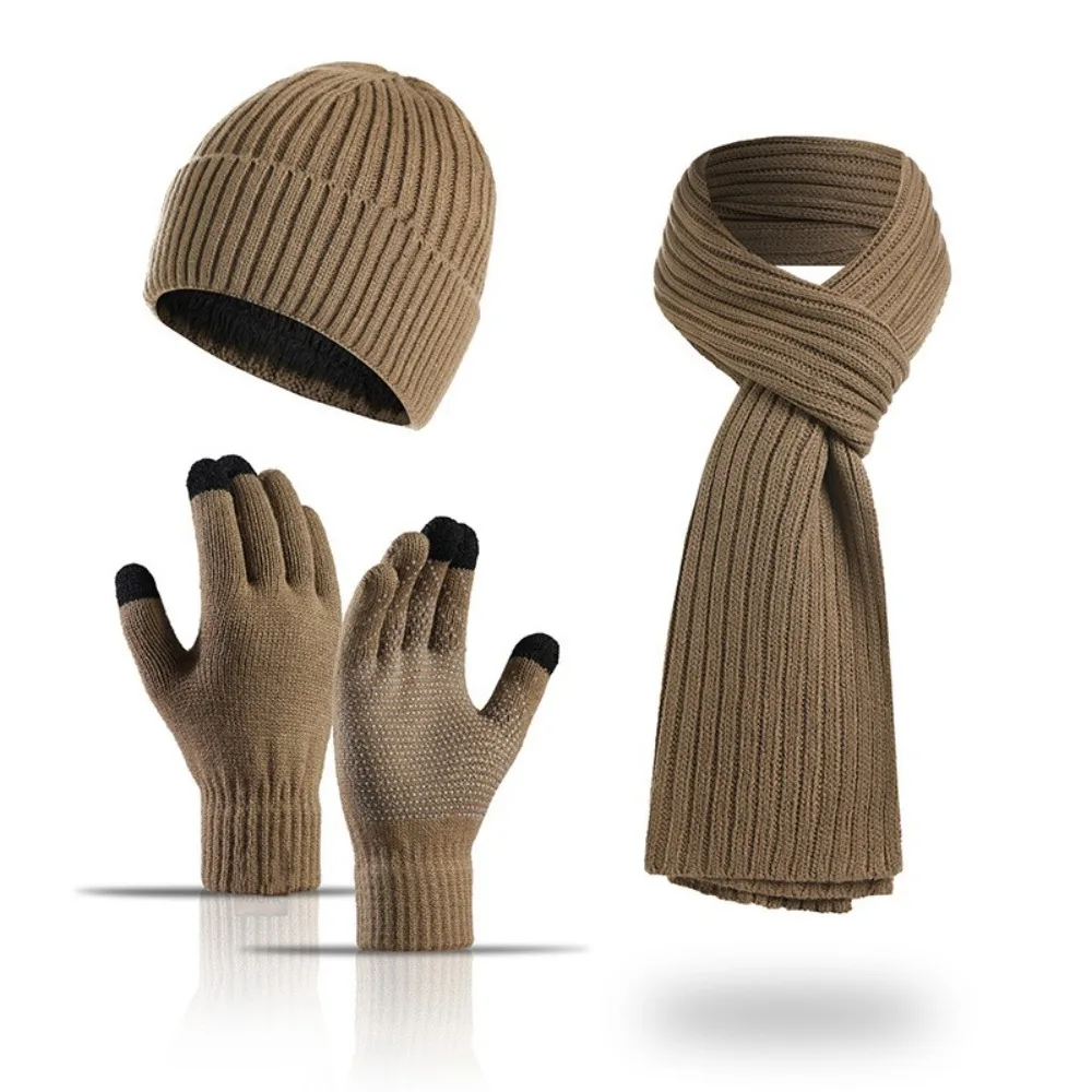 New Winter Keep Warm Set Fleece Lining Thicken Beanie Gloves Scarf Knitted Solid Color Unisex Hat Neckerchief for Men Women