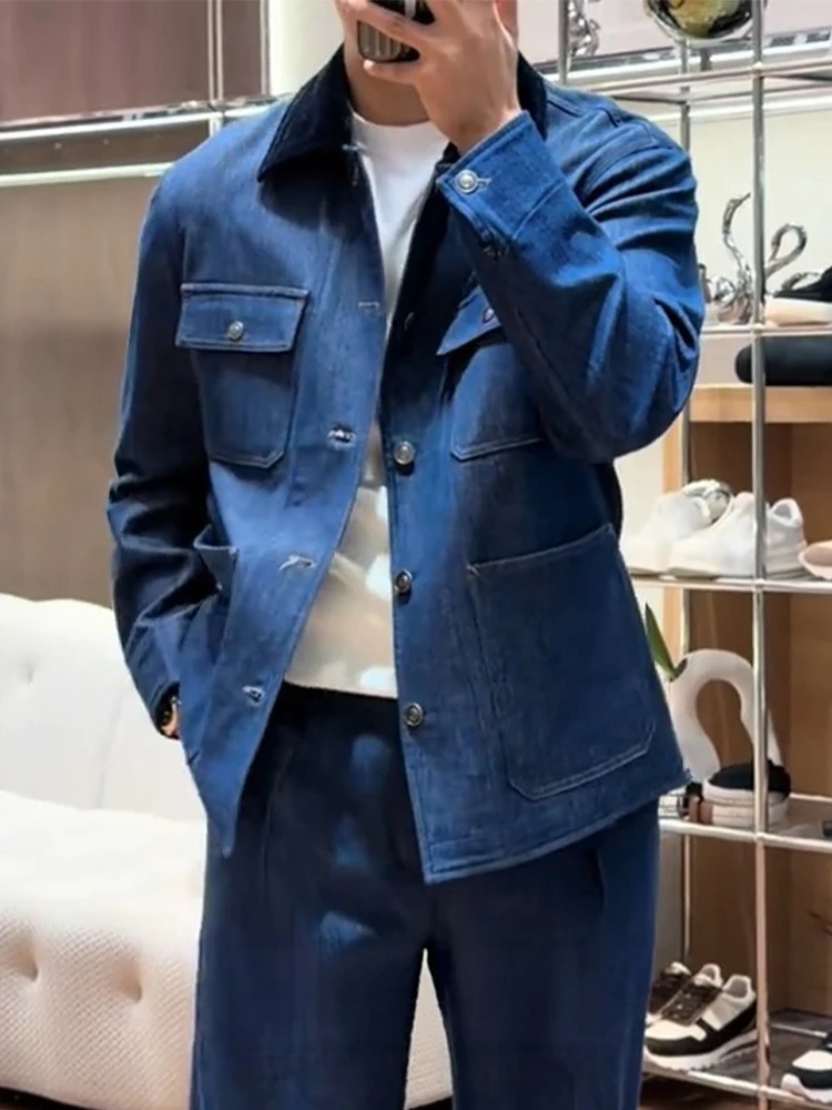 Retro Vintage Men's Denim Jacket with Multiple Pockets Fashionable Casual Outerwear for Autumn And Winter Youth Universal Coat