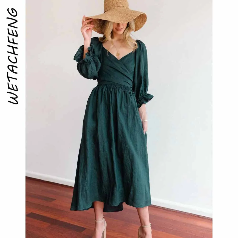 Elegante Groene Lange Jurk Lace Up Riem Ruches Lantaarn Mouw Herfst Katoen Jurken Holiday Party Boho Night Avond Vestidos