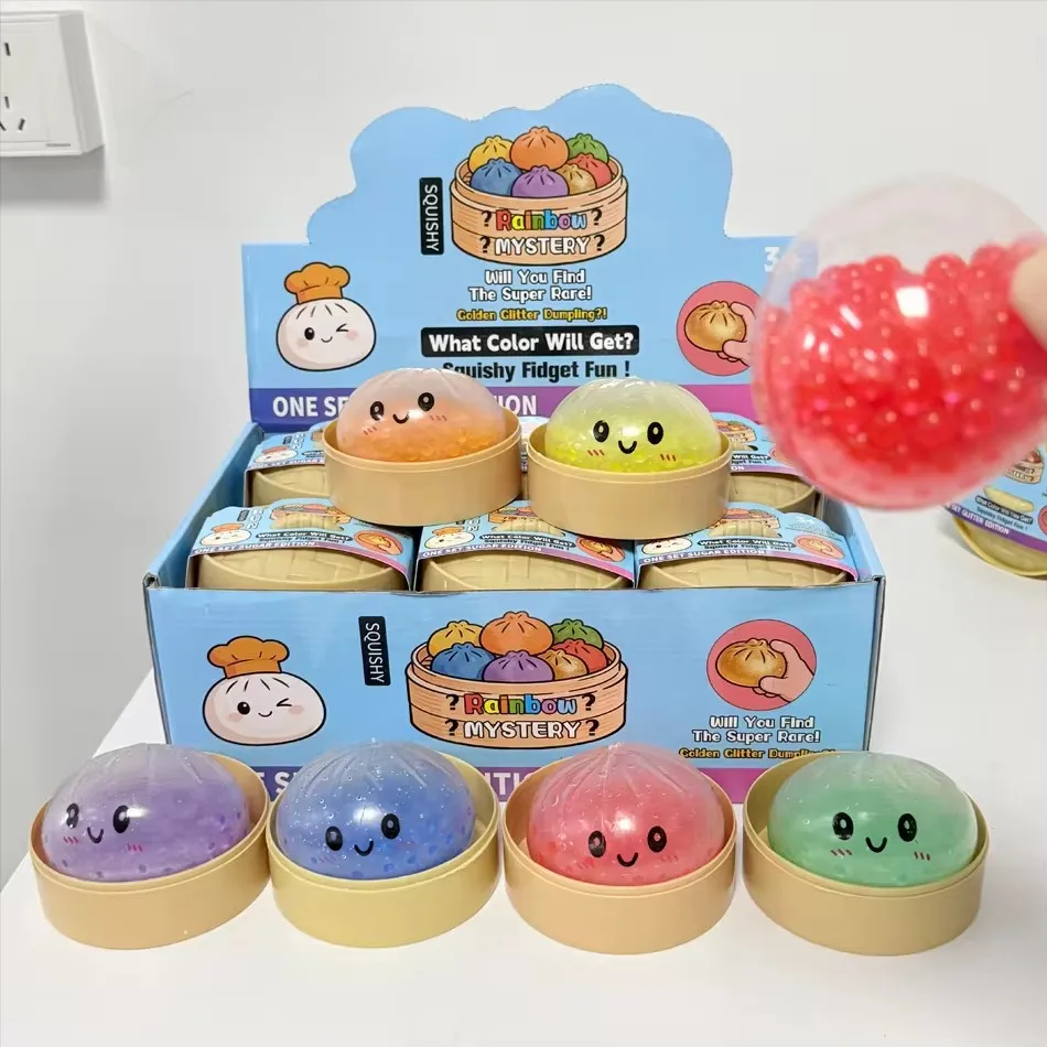 Dumpling Squeeze Toy with Bamboo Steamer, Soft TPR Dough Ball, Realistic Decompression Fidget Toy, Stress Relief Gift