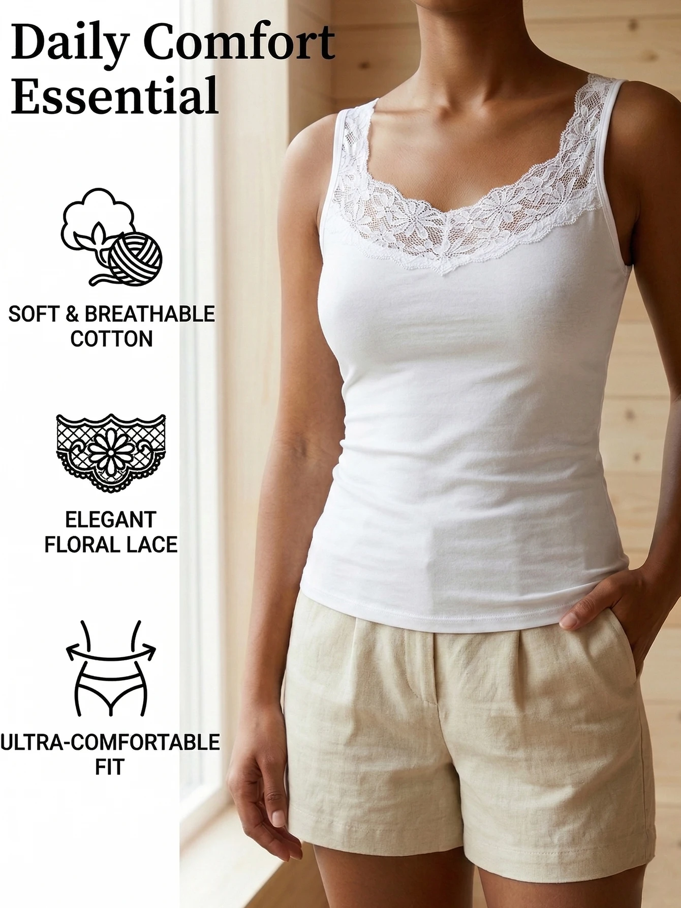 Women's Lace Trim V-Neck Camisole Sleeveless Tank Top Casual Daily Comfortable Undershirt Elegant Plain Vest