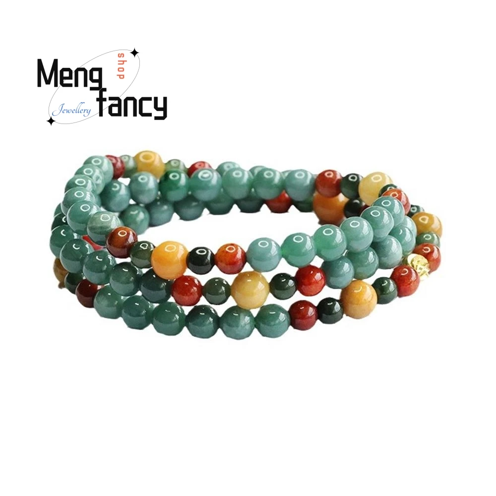 Natural A-goods Jadeite Necklace Blue Water Round Beads Colourful Bracelet Exquisite Elegant Simple High-grade Fashion Jewelry