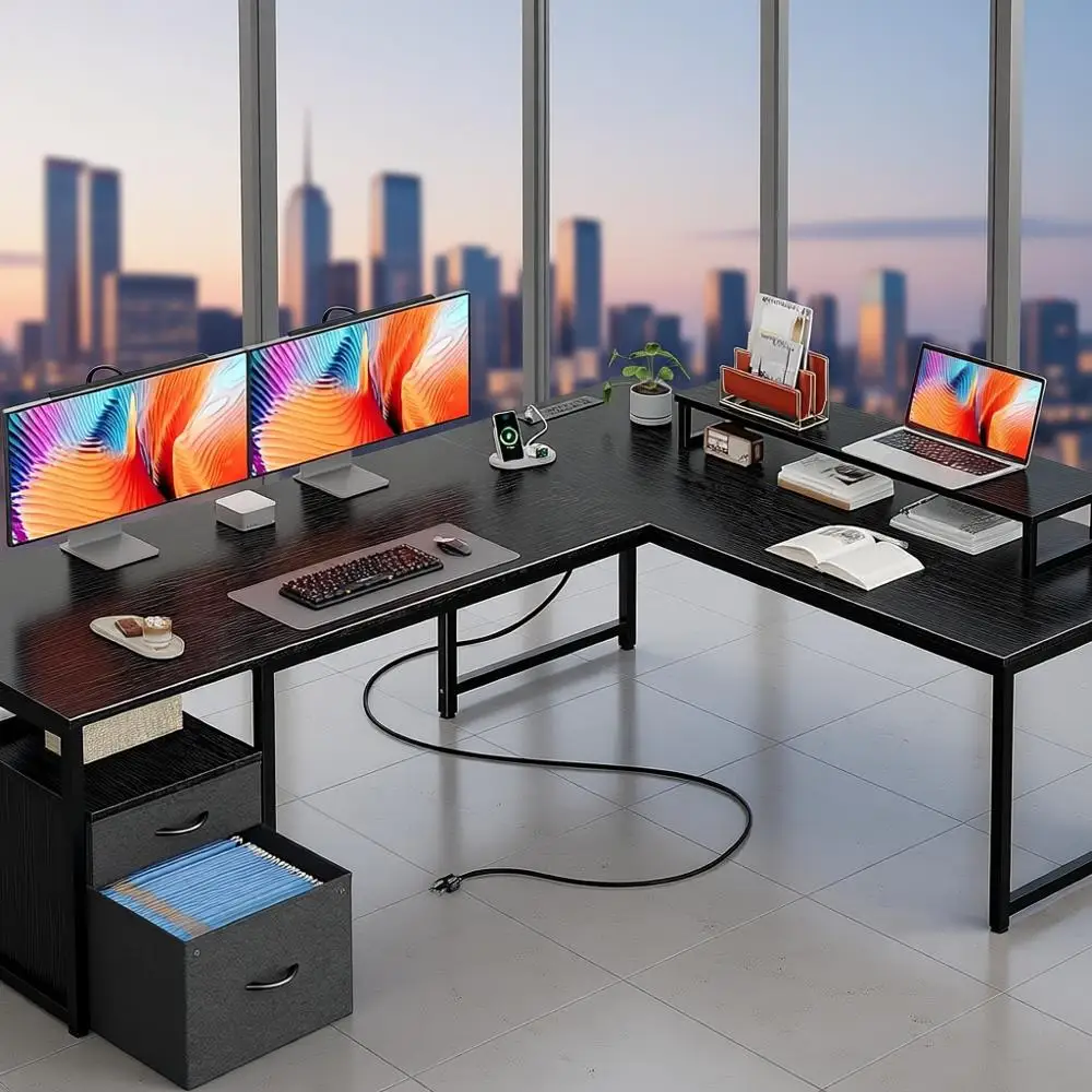 

L-образный 63-дюймовый стол с питанием и портами USB-C, угловой компьютерный стол для домашнего офиса с хранилищем, подвижная подставка для монитора, идеально подходит для