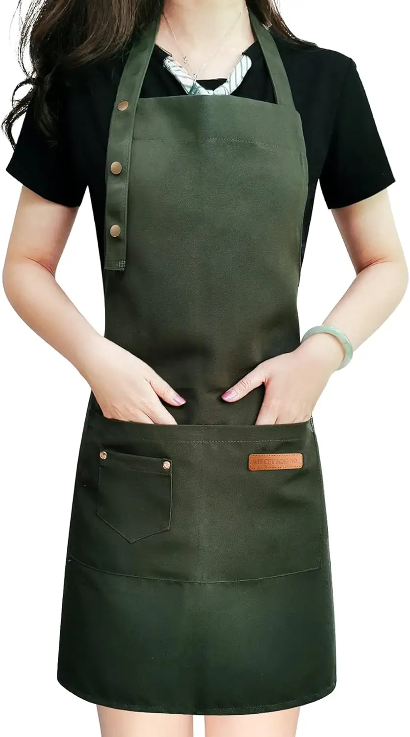 

for Men Women with Adjustable Straps and Large Pockets, Canvas Cotton Cooking Kitchen Chef Bib Aprons Waterproof Green