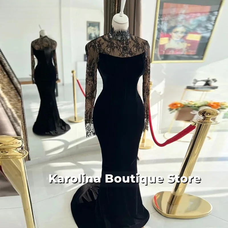

Velvet Evening Dress for Wedding Party Customized High Neck Long Sleeves Lace Mermaid Arabic Prom Gowns