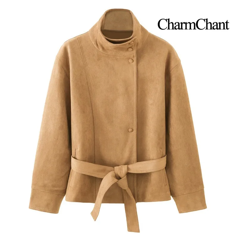CHARMCHANT Women's Faux Suede Stand Collar Jacket Self Tie Belt Waist Button Long Sleeve Outerwear Daily Travel Autumn 2026
