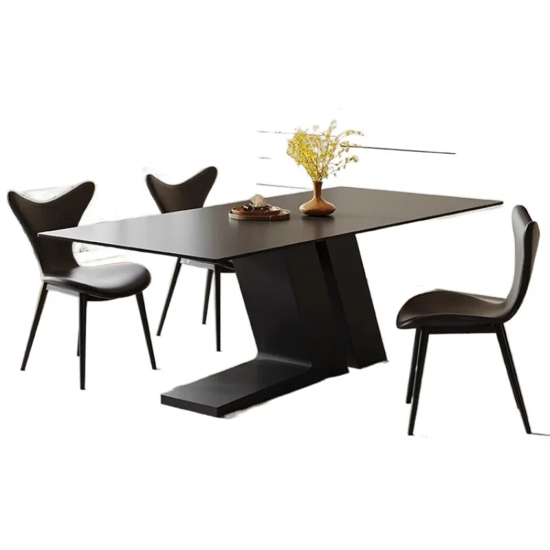 

Modern simple black rock slab dining table and chair combination household small apartment living room rectangular island