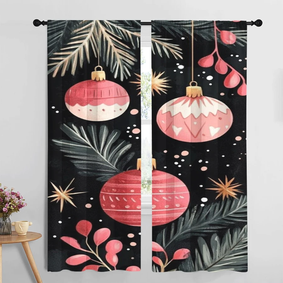2PCS Digital Print Curtain, Pink White Christmas Ornament Balls with Pine Branches and Gold Stars on Black, for Bedroom Decor