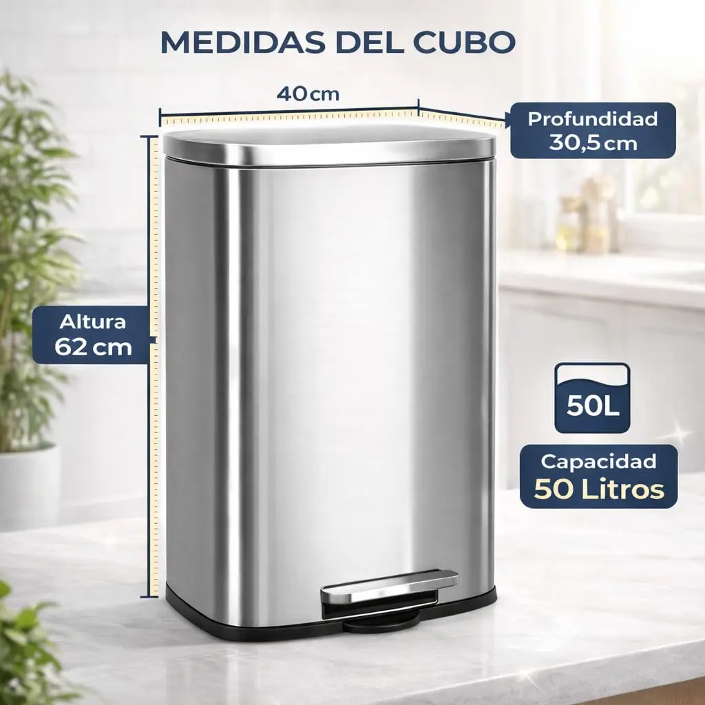 Cubo de Basura Grande de 50L de Acero Inoxidable con Pedal |   Papelera con Tapa Anti-Olores |   Sistema para sujetar bolsas |   D