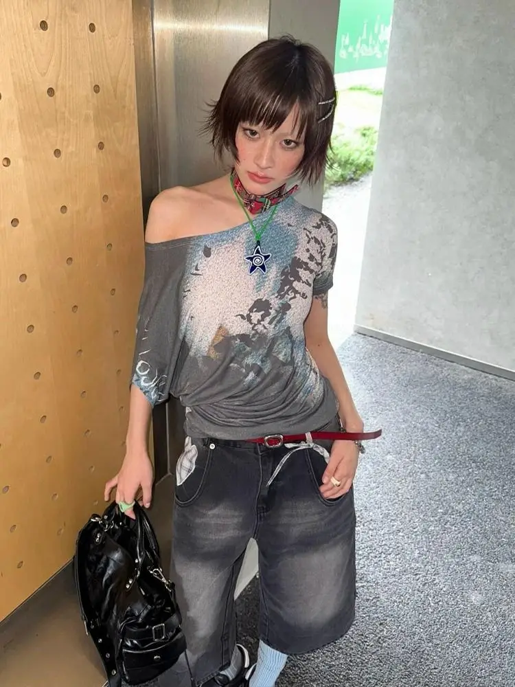 

American Vintage T Shirts Punk Gothic Skew Collar Off Shoulder Design Tees Lazy Style Streetwear Tops Y2k Slim Women's Clothing