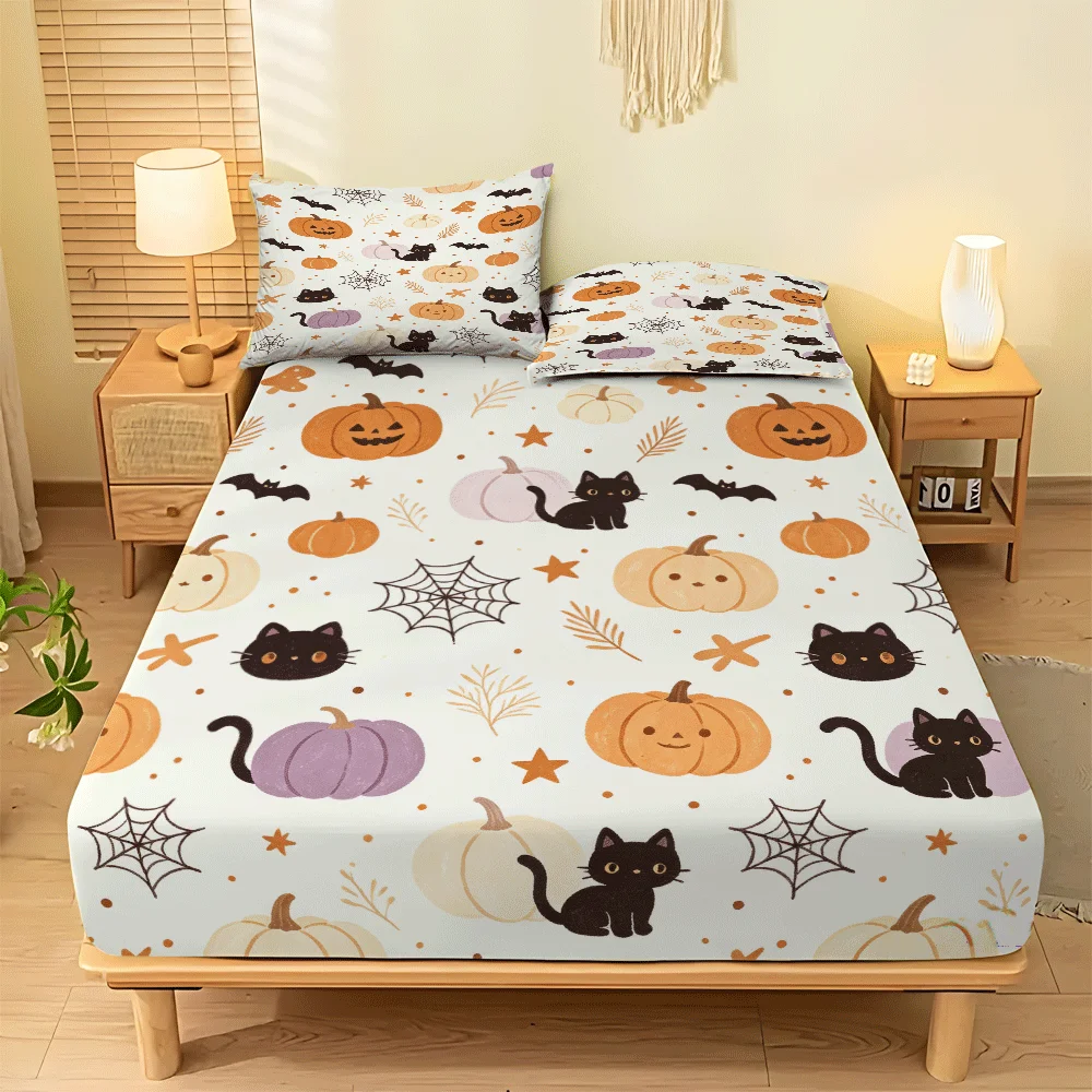 3-Piece Set, Economical and Wrinkle-Resistant 2D Printed Bedding Set, Elastic Fitted Sheet and 2 Pillowcases (Pillow Inserts Not Included), Machine Washable Mattress Protector, Fitted Elastic Style, Protective Cover, Mattress Protector, a Must-Have for Ambiance, Suitable for All Seasons, Machine Washable Design, Holiday Decoration, Various Sizes, Breathable Protective Cover Plus Pillowcase