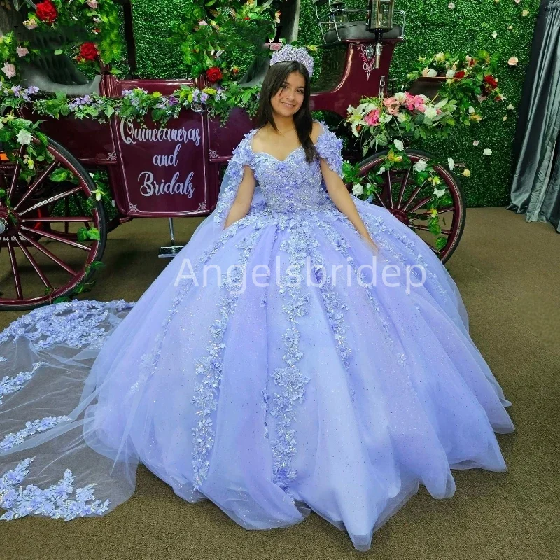 Angelsbride Prom Party Vestido De 15 Quinceañera Lilac Glamorous New Ball Gown Quinnceanera Dresses With Cape 3D Flora