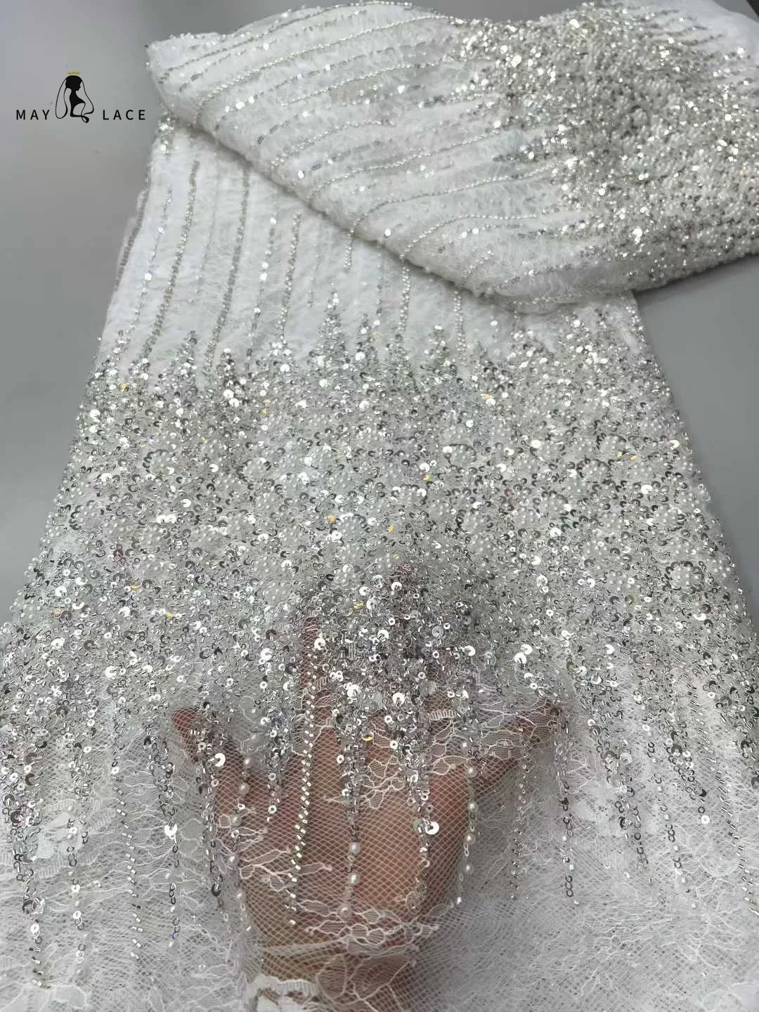 

White African Sequins Pearls Lace Fabric 2025 High Quality French Heavy Beaded Tulle Lace Fabric Nigeria For Bridal Party Dress
