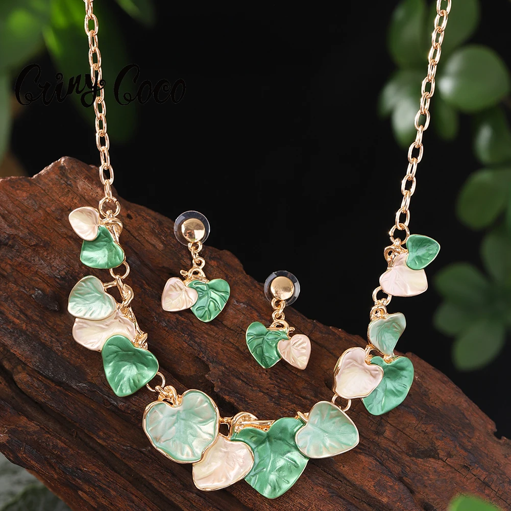 Cring Coco Women's Enamel Heart Leaf Jewelry Sets Vintage Chain Necklaces Earring Set Graduation Season Gift for Friend Teacher