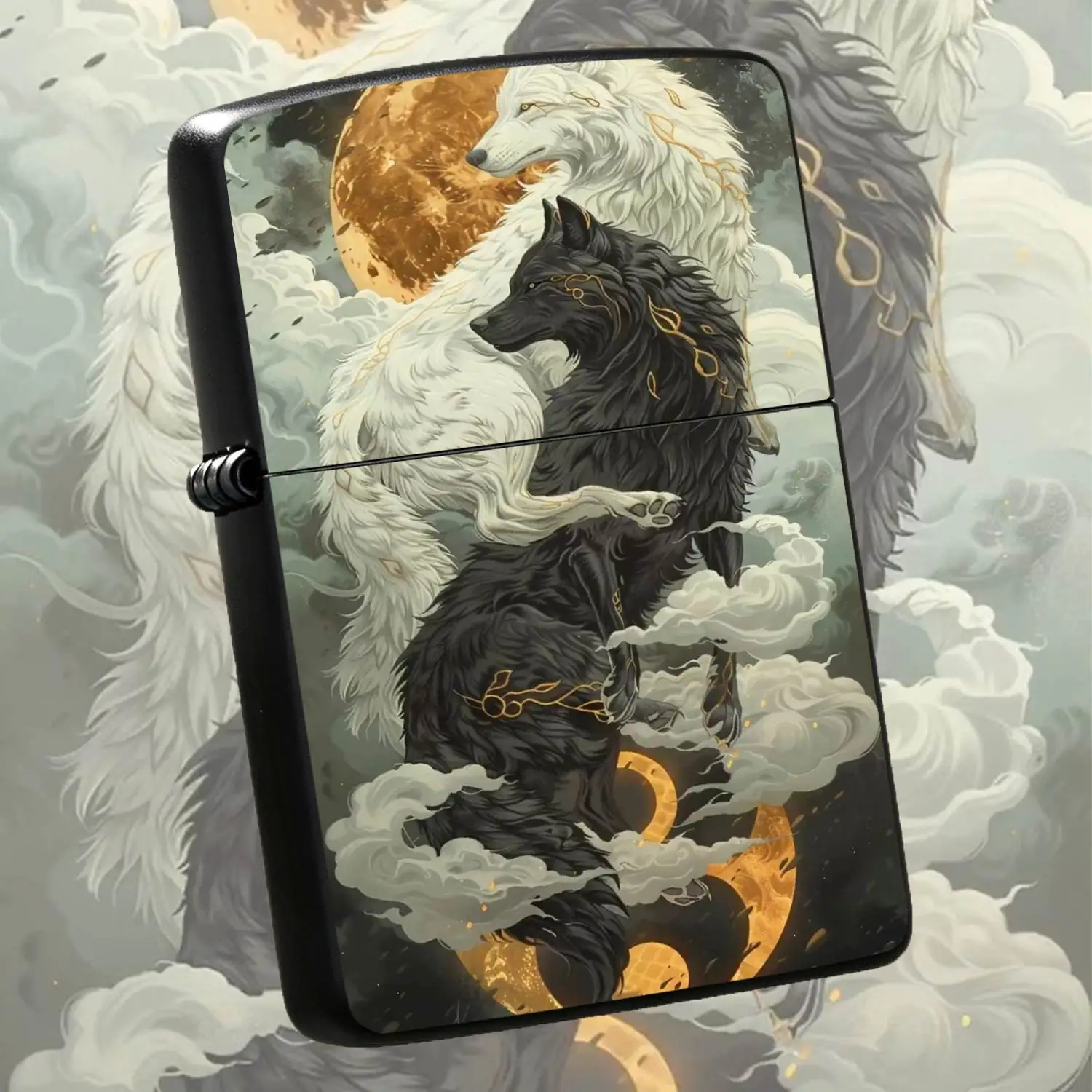 Creative Lighter Mystic Black White Wolf Design Golden Inlay Cloud Full Moon Themed Ornate Art Piece Portable Stylish Accessory Ideal For Gifting Daily Multi Scene Use Unique Decorative Present For Fantasy Art Lovers A Humorous And Interest