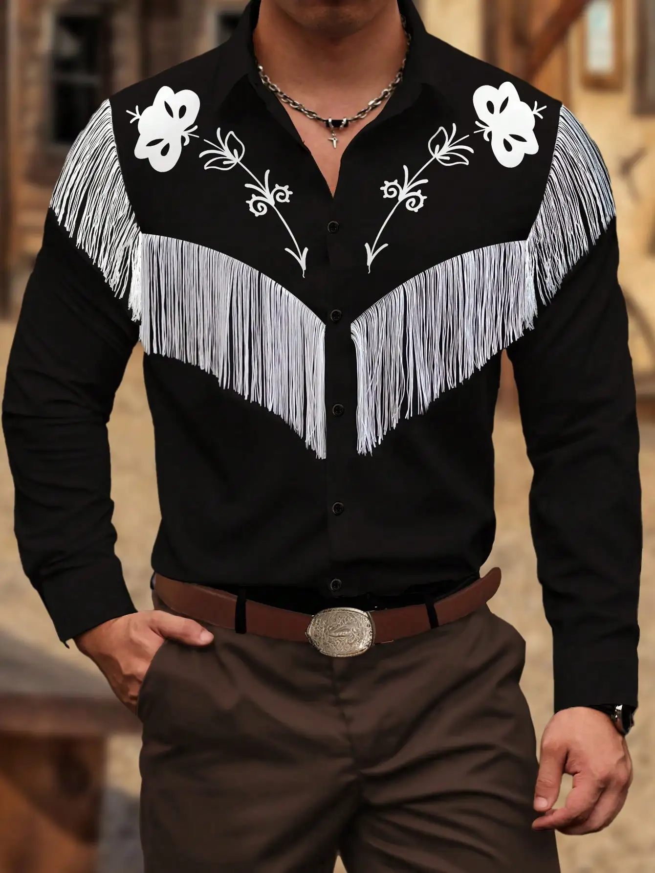 Men's Black Western-Style Shirt with White Floral Embroidery and Fringe Detail