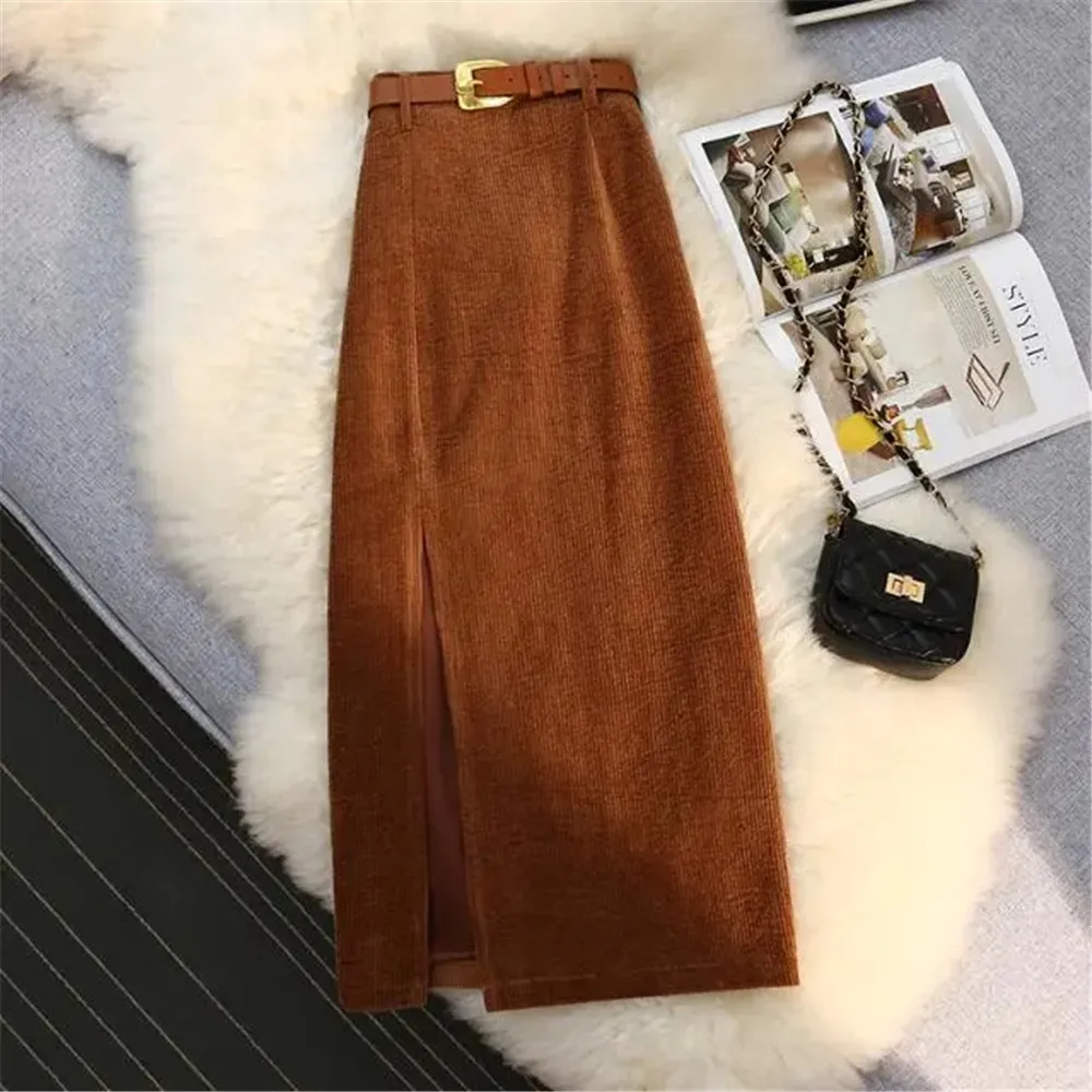 Vintage Winter Skirts Women Retro Split Midi Long Corduroy Casual Skirt Belt Jupe Longue Office Lady A-Line High Waist Hip Skirt