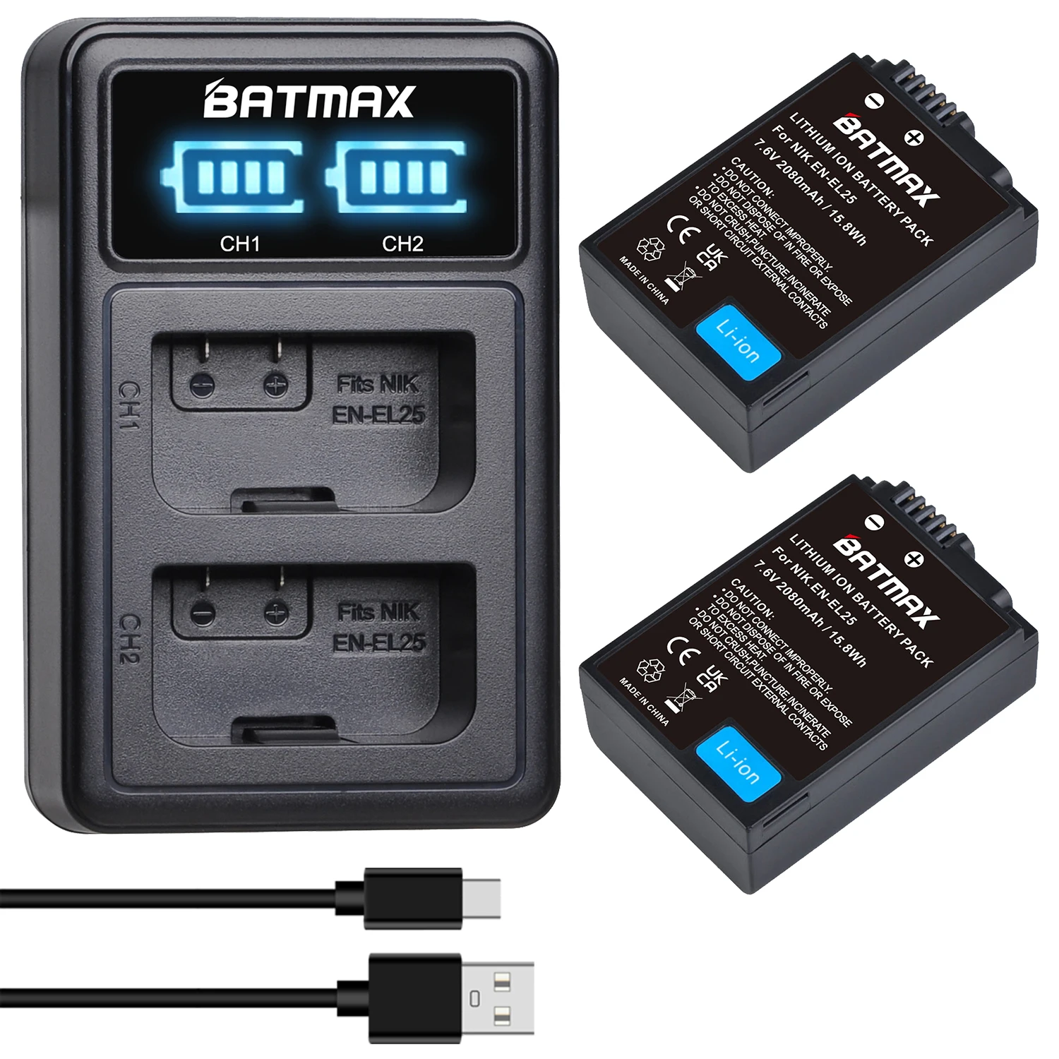 Batmax EN-EL25 EN EL25 Battery 2080mAh + LED Dual Charger for Nikon Z50, Z50 II, Z30,ZFC Camera MH-32 charger