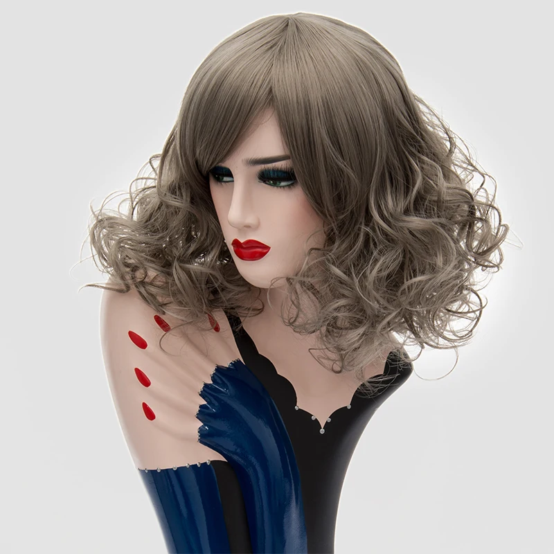 Gray Brown Short Curly Wig for Women Synthetic Wig With Side Bangs Heat Resistant Hair Wig for Daily Party Cosplay