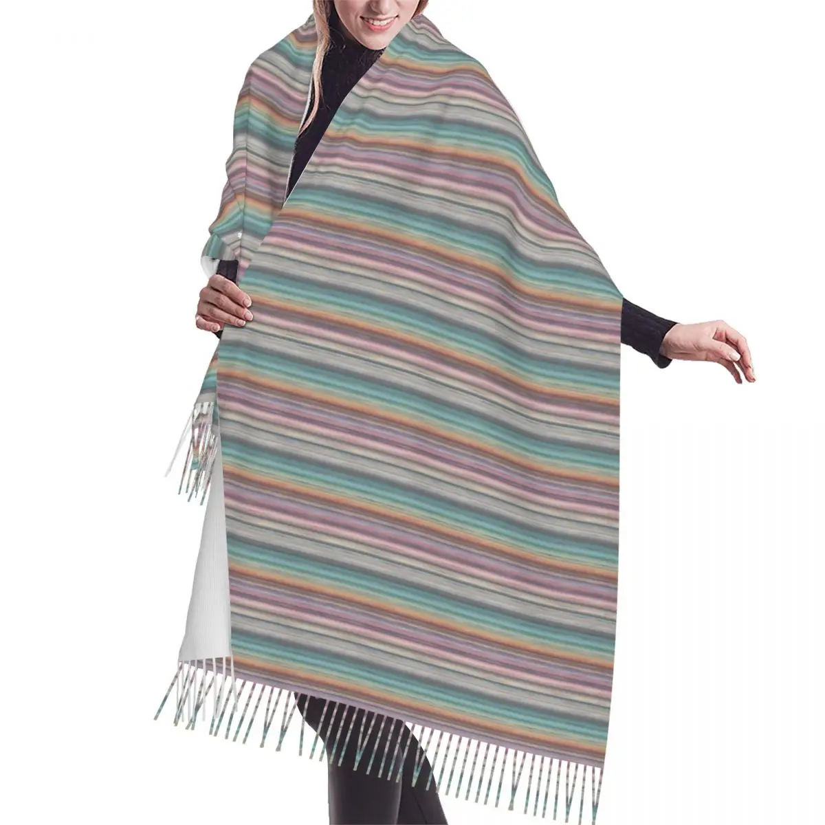 Custom Luxury Straight Line Multicolor Pattern Art Tassel Scarf Women Winter Fall Warm Shawl Wrap Lady Scarves