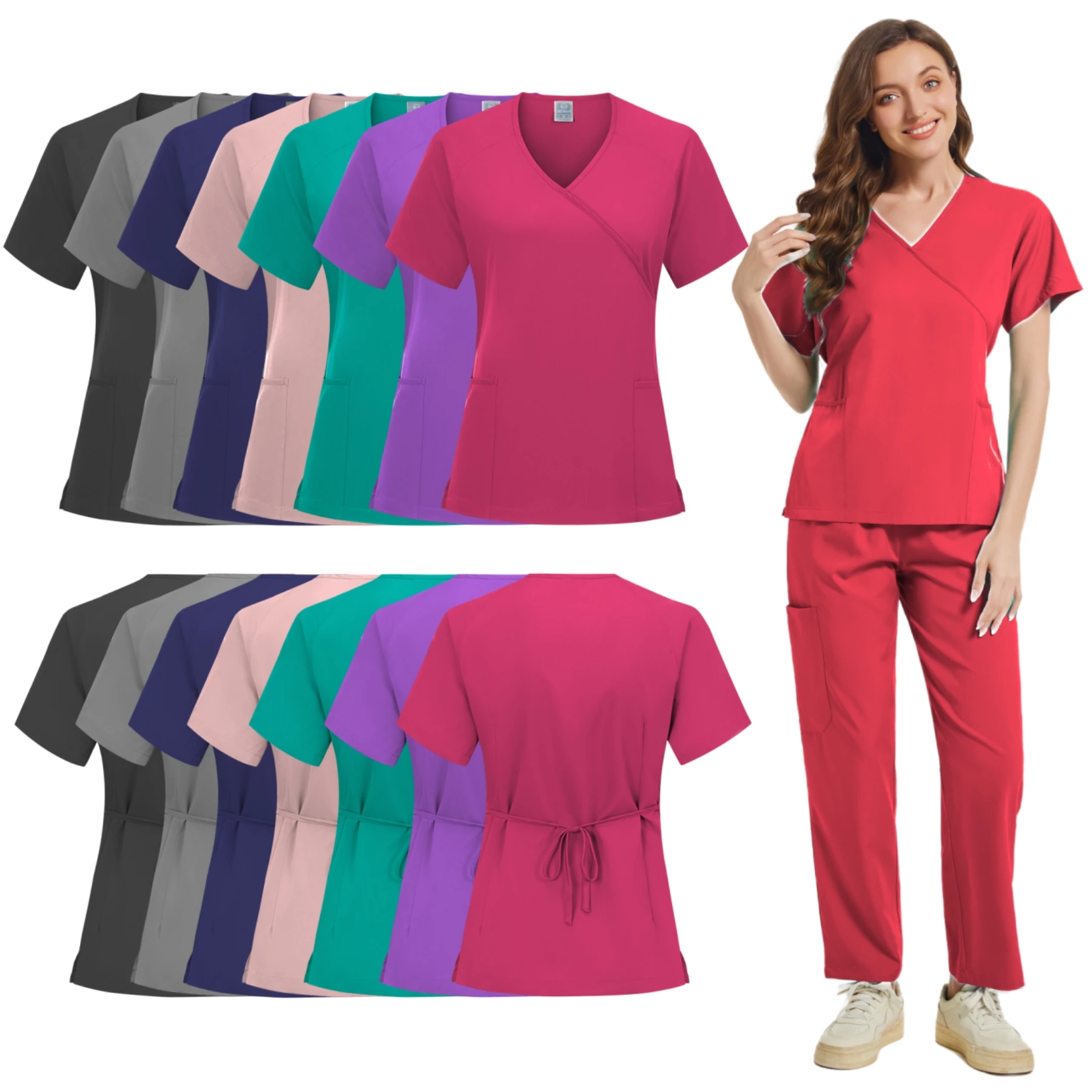 Polychrome Medical Uniform Women Scrub Sets Hospital Working Slim Scrub Suits Nurse Accessories Dental Surgery Suit Lab Workwear