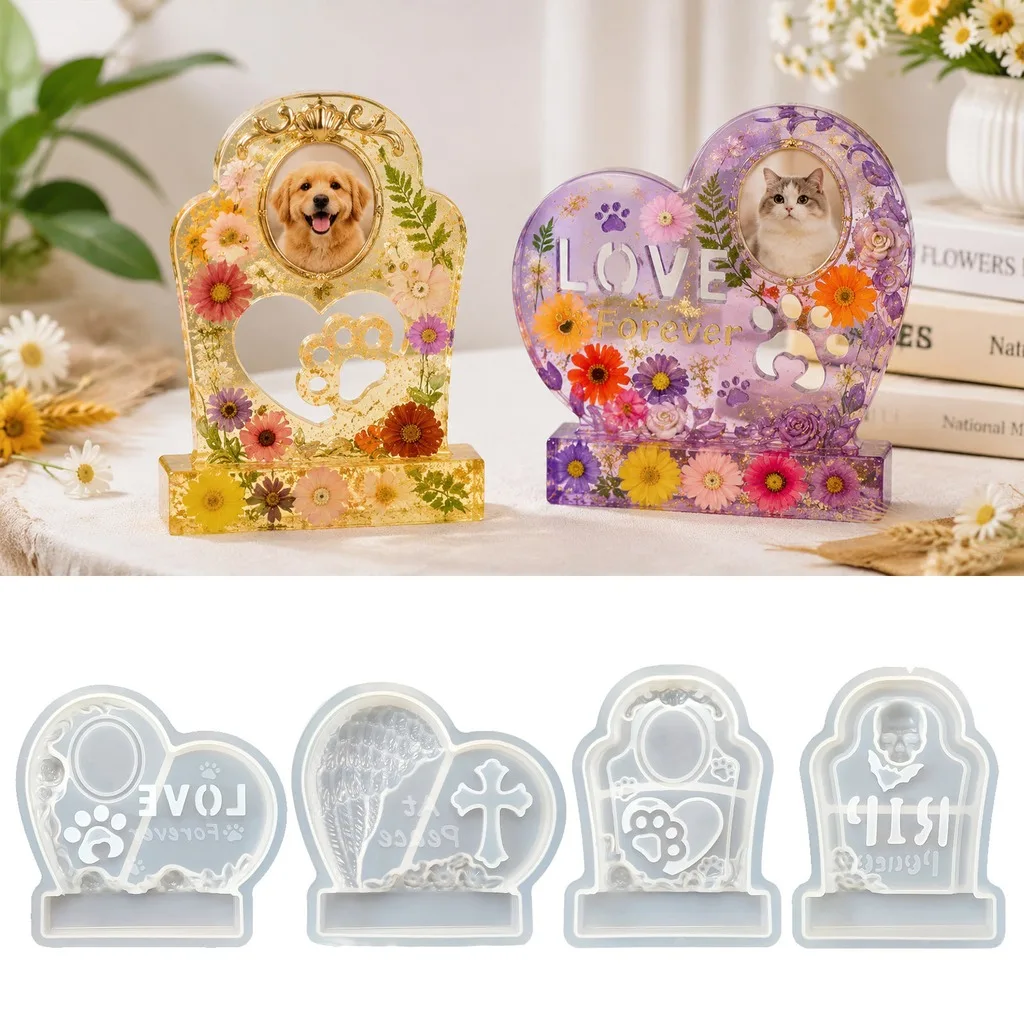 Pet Memorial Resin Mold Silicone Tombstone Dog Cat Photo Frame Epoxy Casting Molds Heart Cross Shape DIY Craft Table Ornaments