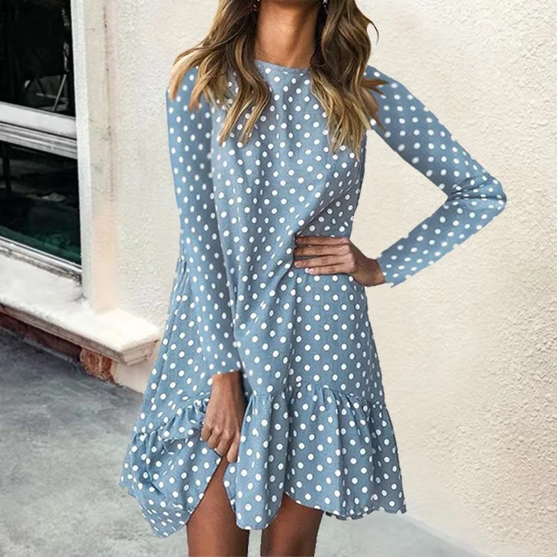 Amazon Cross border Wish2024 Spring and Autumn European and American Fashion Women's Skirt Polka Dot Ruffle Edge Long sleeved Wo