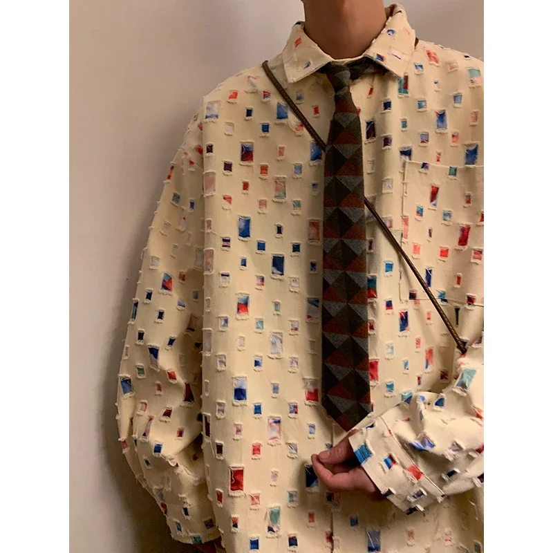 LIBIELIY Cotton Hollow Out Shirt Men Oversized Fashion Casual Color Plaid Shirt Men Streetwear Loose Long Sleeved Shirt Mens Hol