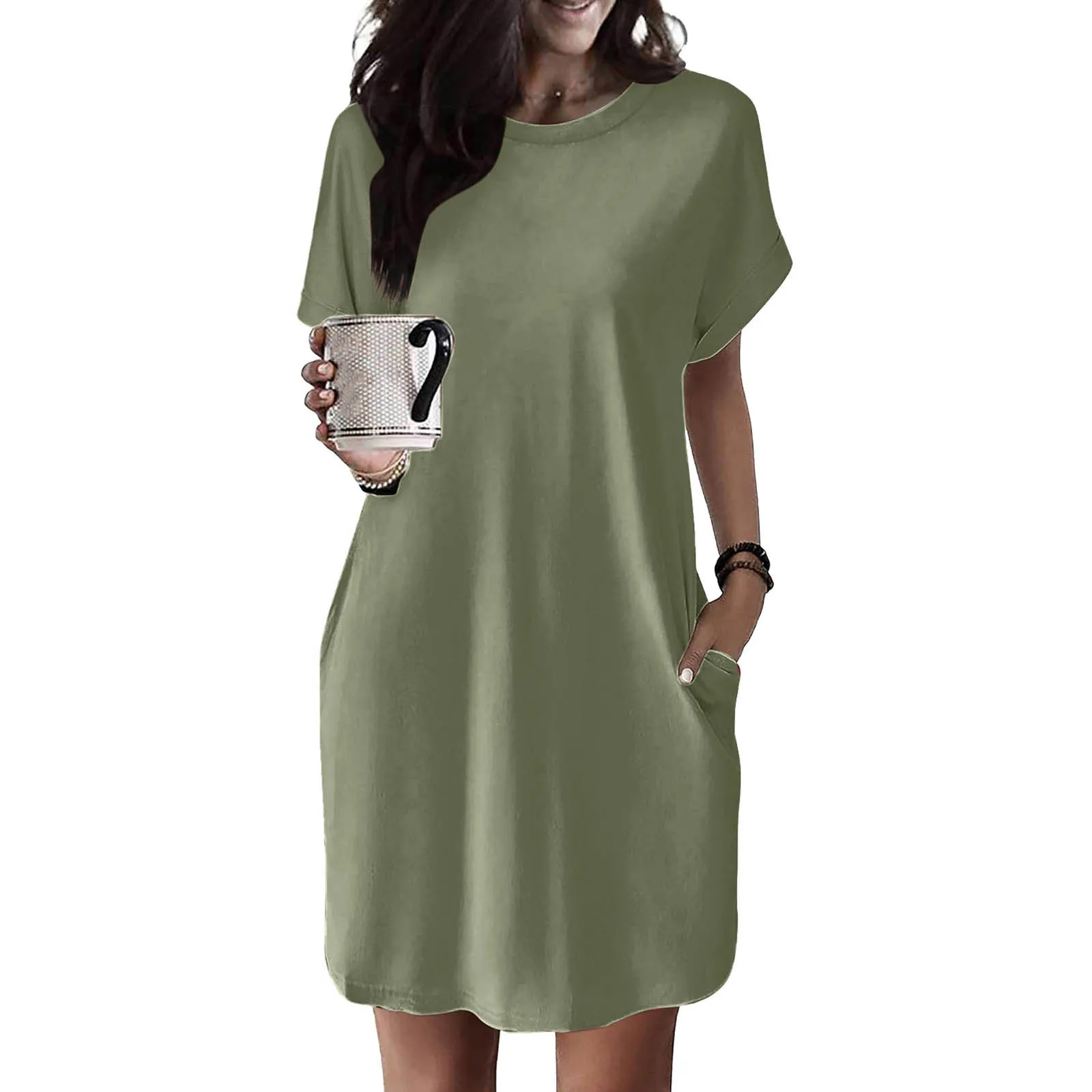 Damska miękka sukienka T-Shirt z krótkim rękawem Casual Summer Tunic Dresses Loose Casual Solid Color Vestido Outwear With Pockets 2024