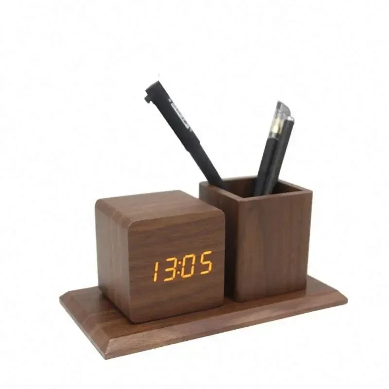 

LED Smart Alarm Clock Home Office Desktop Pen Holder Wood Clock Electronic Clock with