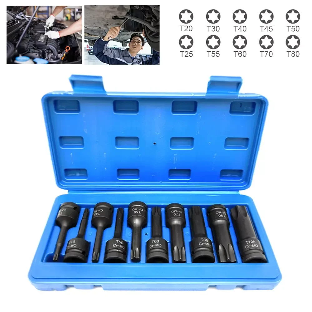 [Disponibilità UE] 10 prese chiave T20-T80 set di prese di corrente Set di chiavi a bussola Set di strumenti per auto Strumento di presa TORX da 1/2 pollice Strumento di riparazione automatica