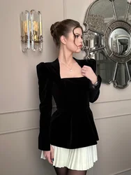 2024 New Elegant Contrasting Pleated Mini Dress Chic Square Neck Long Puff Sleeve Slim Dresses Female Fashion Party Evening Gown