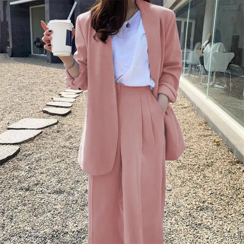 2022 Spring New Two-piece Set Suit Blue Double Breasted Blazer + Casual Straight Trousers Elegant Fashion Chic Women\'s Clothes