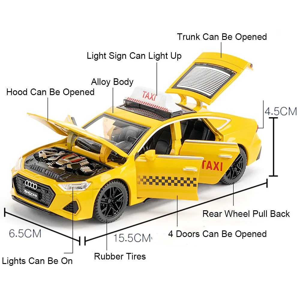 1:32 RS7 Sportback Taxi Model Toy Cars Alloy Diecast 6 Doors Opened Pull Back Sound Light Simulation Vehicles for Children Gifts