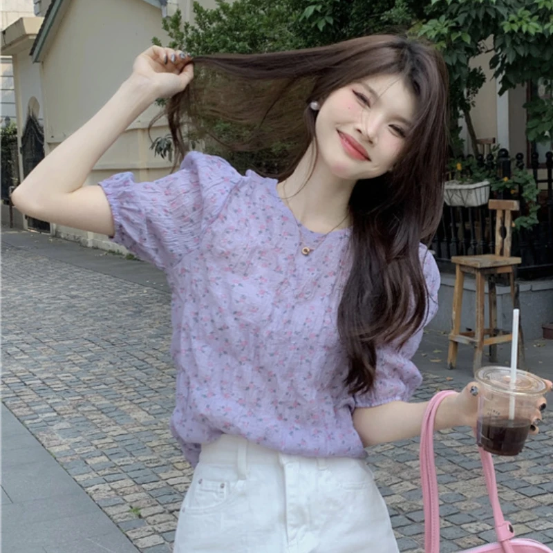 Purple Floral Blouses Women Puff Sleeve Sweet Summer French Style Loose Vintage Temperament Prairie Chic Ulzzang Literary Tender