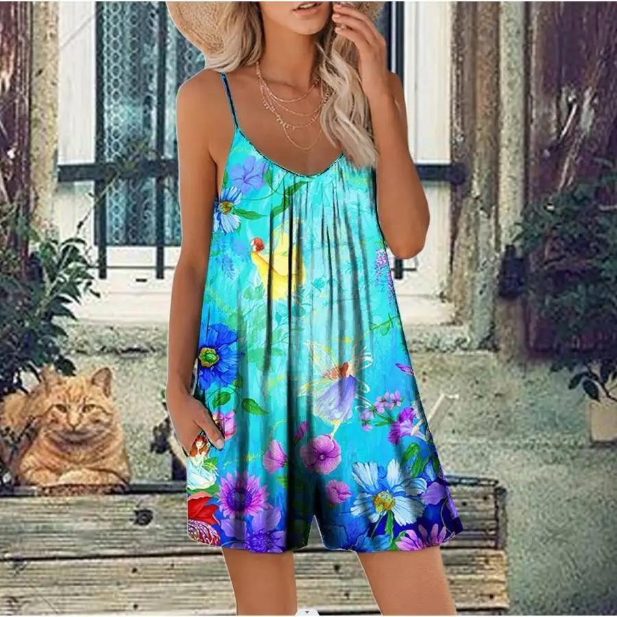 Summer New Digital Print Loose Casual Bib Overalls orts One-Piece Suit Women's Faion Ultra-Thin Five-Quarter Pants