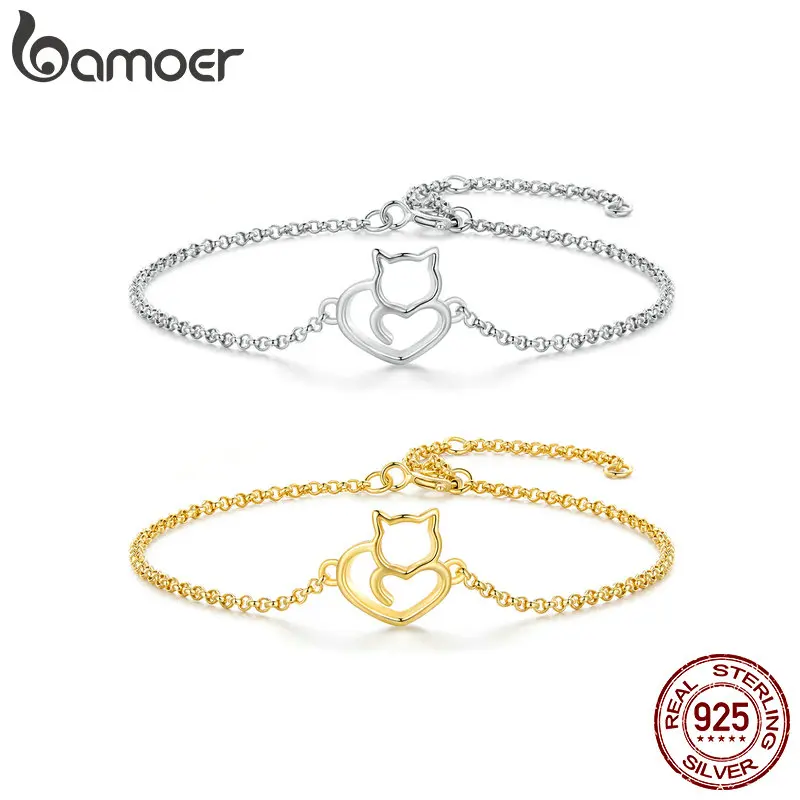 Bamoer 100% 925 Sterling Silver Mini Cat Gold Plated Bracelet Simple lovely kitty Chain for Women Adjustable All-match Jewelry