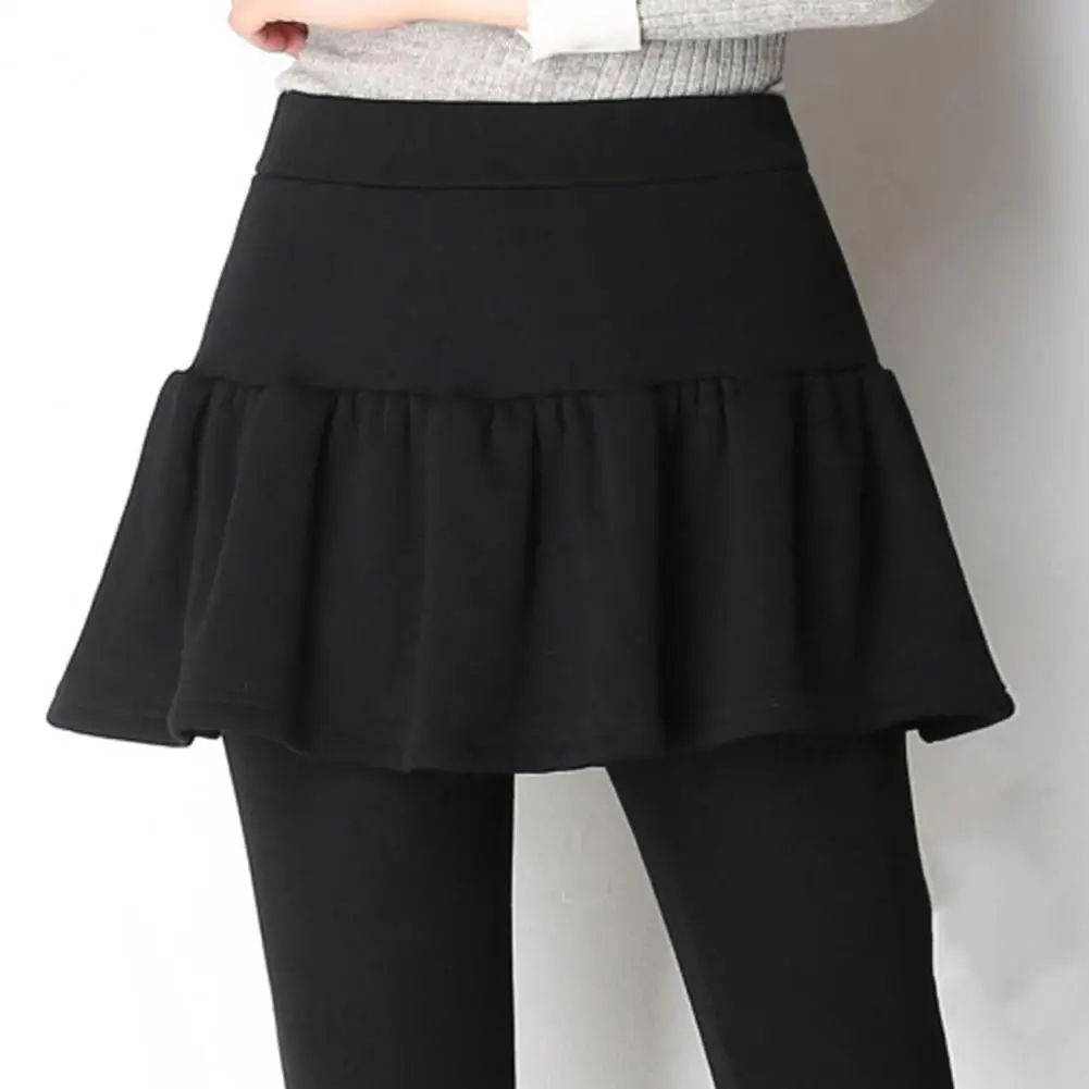 Women Winter Pants Fake Two-piece Thickened Plush Elastic High Waist Slim Fit Pleated Skirt Pants Thermal Thigh Leggings Tights