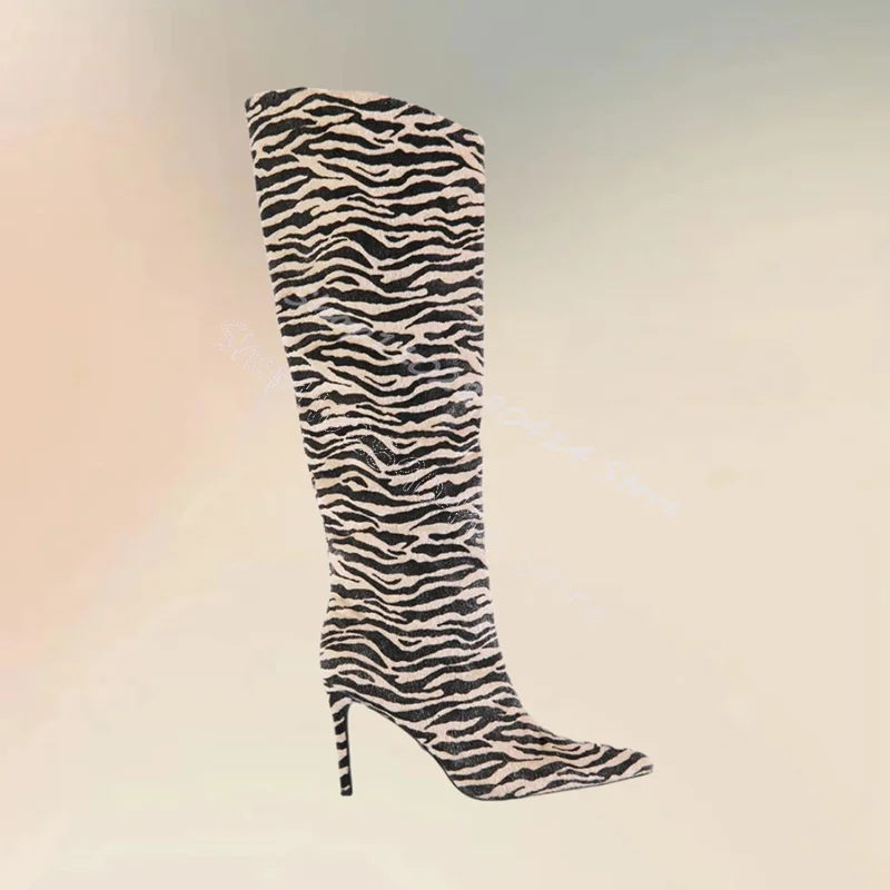 

Zebra Print Horsehair Pointed Toe Runway Boots Side Zipper Women Shoes Thin High Heels Party Banquet 2024 Zapatos Para Mujere