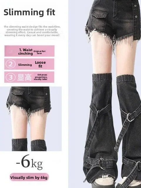 

Джинсовые леггинсы с высокой талией, женские уличные леггинсы с поясом и галстуком для девочек, шорты, комплект из двух предметов, большие размеры, летняя тонкая ткань