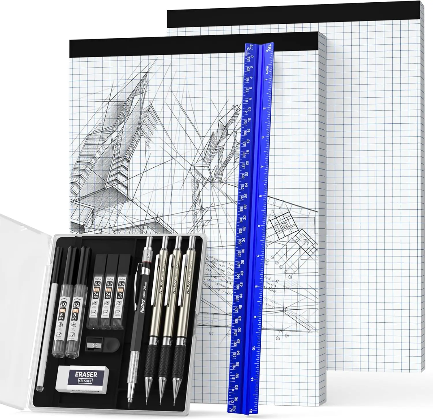 

Drafting Tools Set 16PCS with 12" Aluminum Architectural Scale Ruler, Mechanical Pencils 0.5/0.7/0.9/2mm, Lead Refills, Graph
