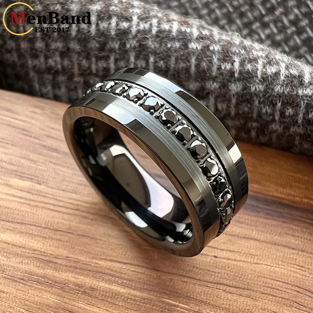 MenBand 8mm Pipe Cut CZ Stone Inlay Black Tungsten Ring for Men Women Eternity Fashion Engagement Wedding Band