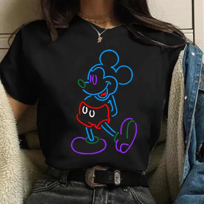 Kawaii Fashion Mickey Minnie Mouse T-shirt Odzież damska 2024 Letnia koszulka z krótkim rękawem Harajuku Casual Y2k Odzież Tops