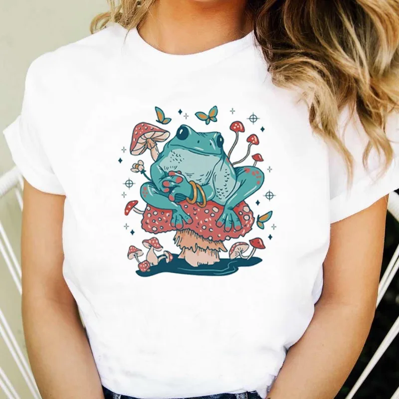 Pflanze Frosch Pilz Garnelen Rundkragen Druck Weißes T-Shirt Kurzarm Damenbekleidung Ästhetische Kleidung Grafik T-Shirts