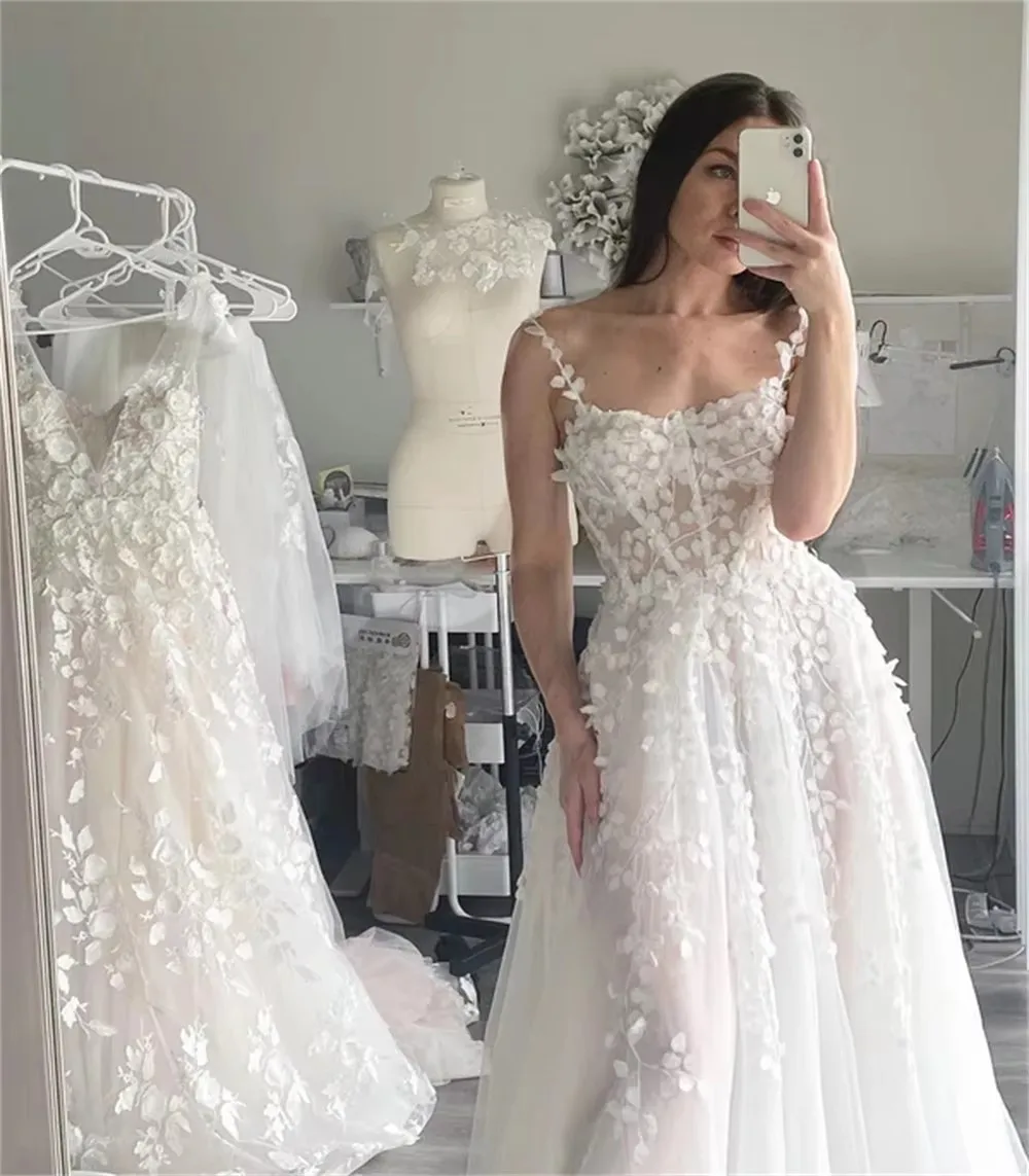 

OLOEY White Flowers Embroidery Spaghetti Strap Wedding Dresses A-line Bride Gowns vestidos de noche Ankle-Length Formal Evening