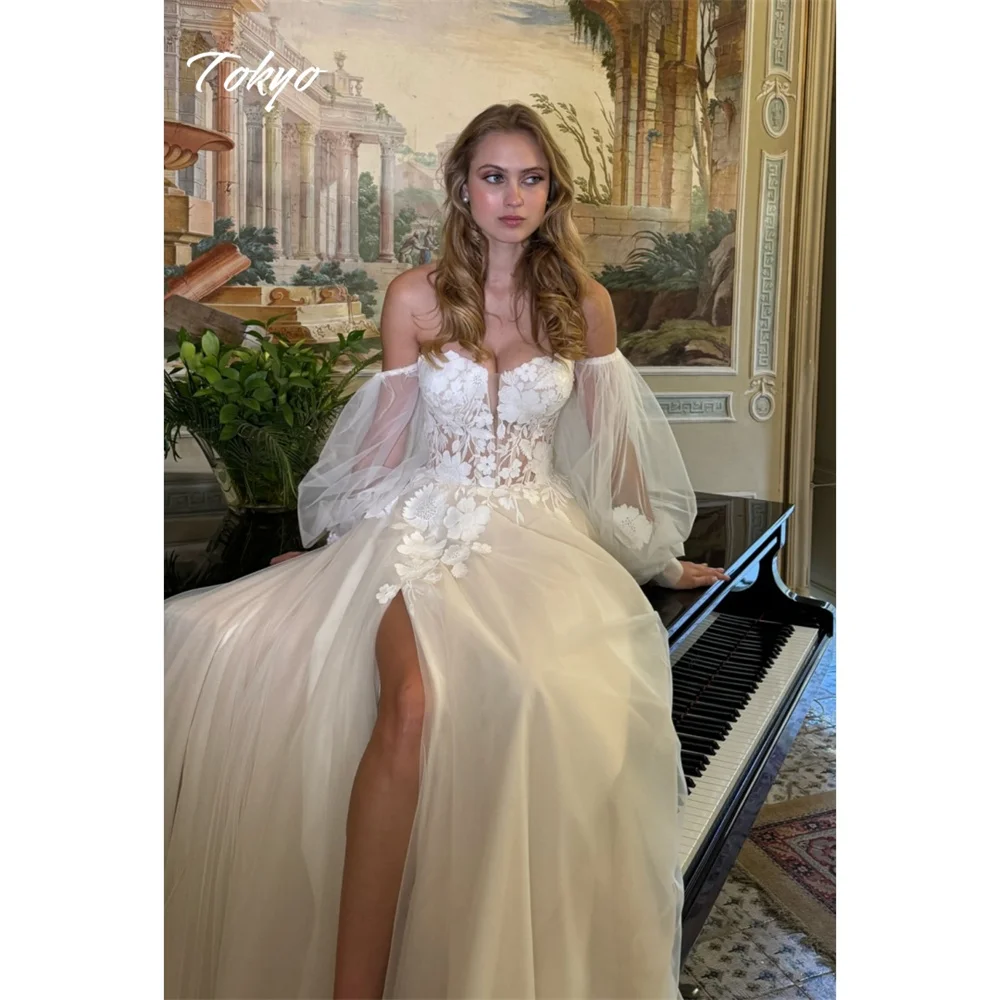 Vestidos de novia con abertura alta y lado blanco personalizados de Tokio, vestidos de novia de manga larga con hombros descubiertos, vestidos de novia de corte a de tul