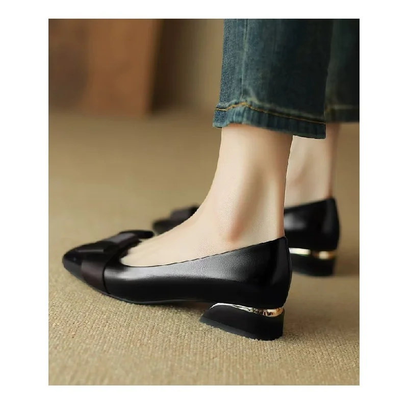 ​ ​ 2025年新作 レディース フレンチスタイル パンプス - リボン飾りチャンキーローヒール 快適フラットシューズ 春秋 ヴィンテージ カジュアルシューズ
