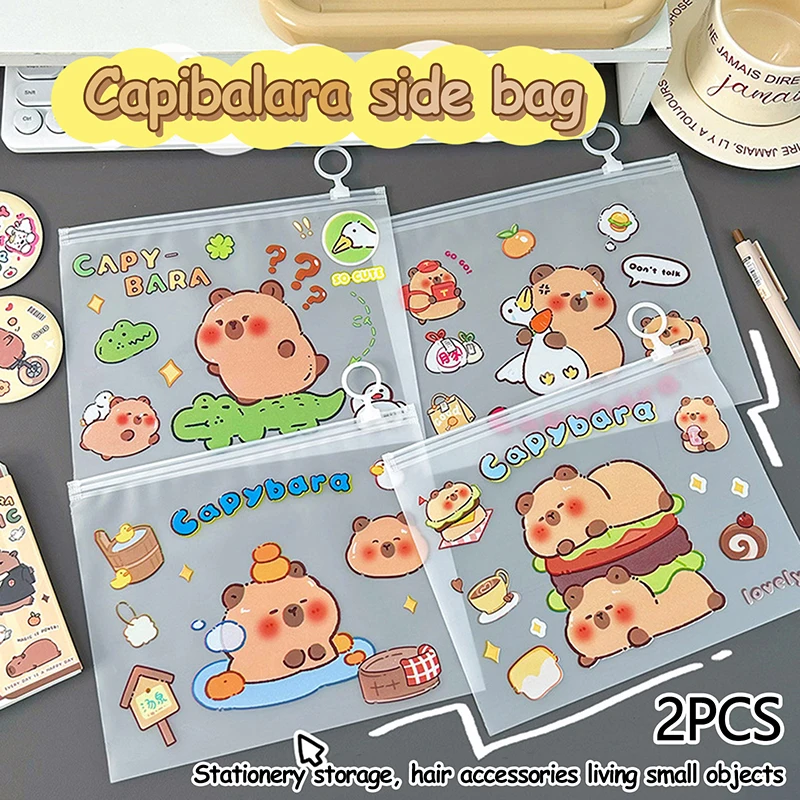 2 PCS/Bag Cartoon Capybara PVC Document Bags Cute Portable Waterproof Mini Stationery Storage Bags Earphone Organizer Kids Gifts